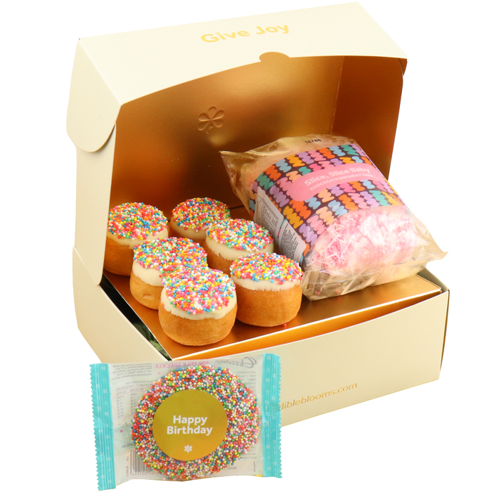 Edible Blooms Birthday Cake & Donuts Dessert Gift Box - Small - Edible Blooms: 