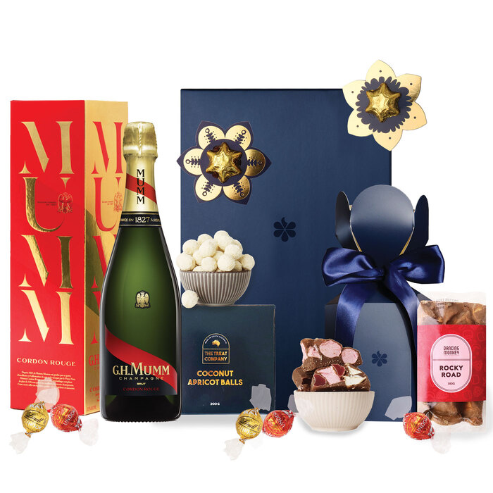 Mumm Champagne, Lindt Chocolate & Rocky Road Gift Hamper - Large - Edible Blooms