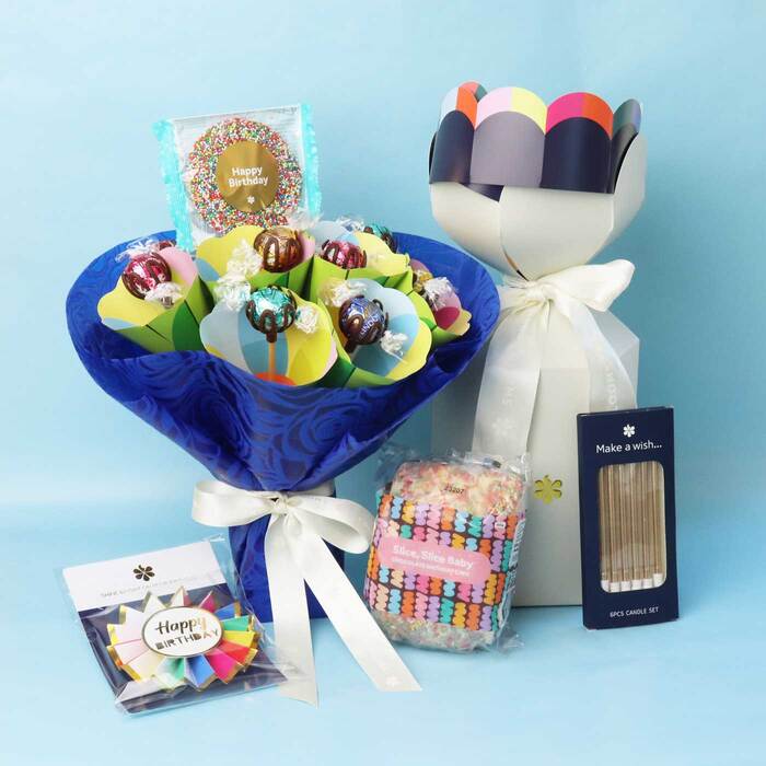 Edible Blooms Birthday Cake & Chocolate Bouquet Gift Hamper - Small - Edible Blooms: 