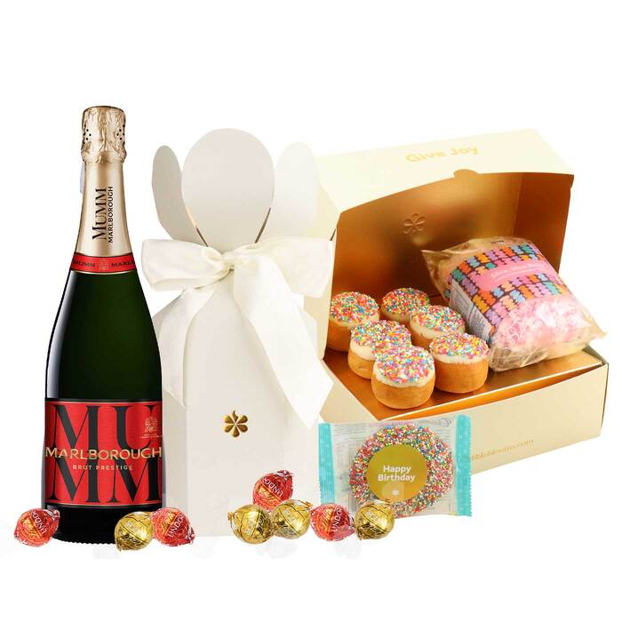 Edible Blooms Birthday Gift Hamper and Cake with Donut and Mumm Marlborough Sparkling - Edible Blooms: 