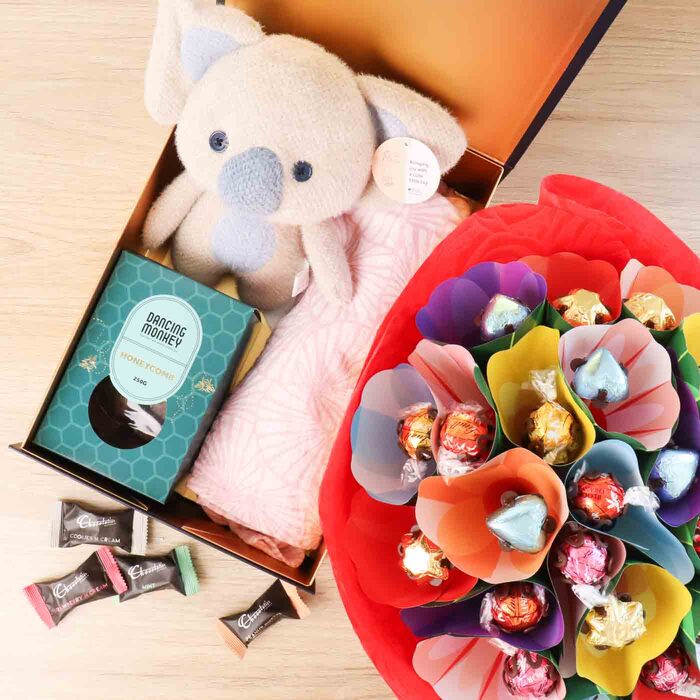 Edible Blooms Baby Toy, Honeycomb & Chocolate Bouquet Gift Hamper - Large - Edible Blooms: 