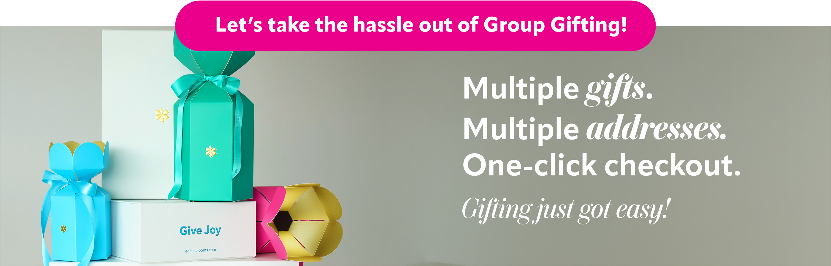 Promotional banner for a gifting service with colorful gift boxes and text on a gray background.